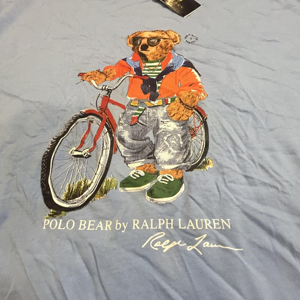 Polo Ralph Lauren Shirt Mens L Blue Classic Fit Polo Bear Bike Graphic Tee NEW